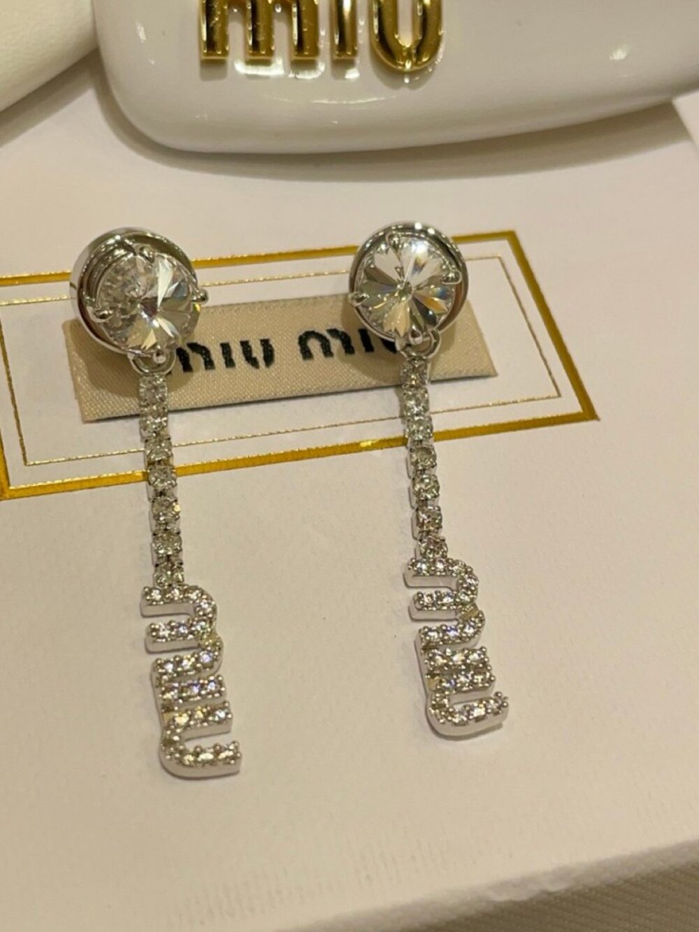 Miu Miu Silver-Tone Crystal Stud Earrings with Crystal Miu Letter Drops